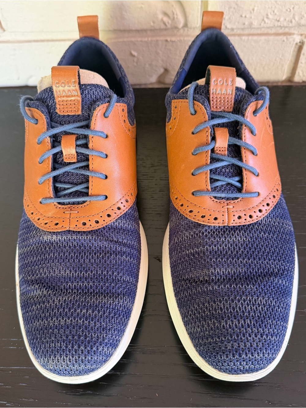 Cole Haan Grand Tour Knit Mens Dress Shoes 9.5 Marine Navy Blue Tan Oxfords